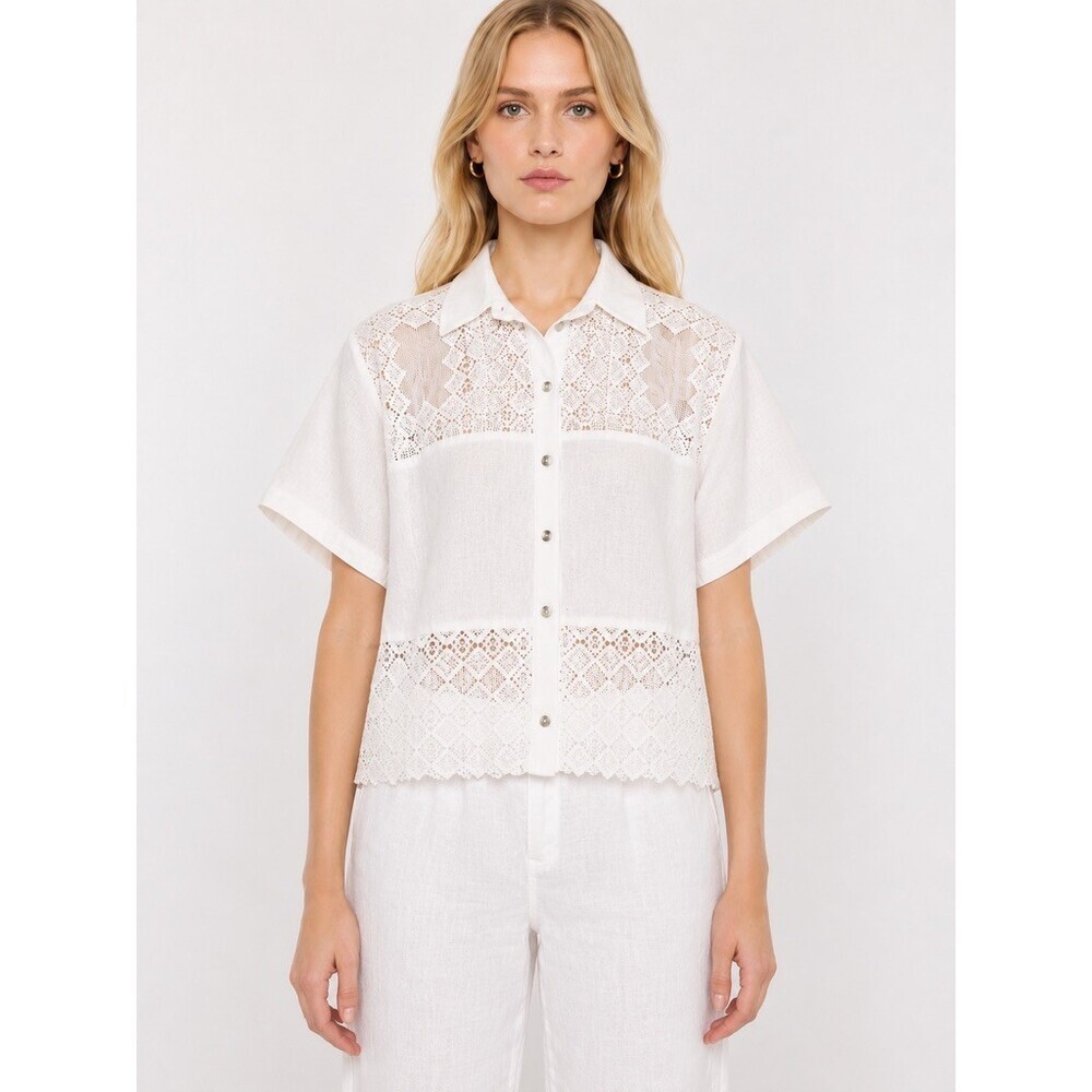 Alix of Bohemia Stevie Picnic Eyelet Shirt size XS Ivory 100% Linen short sleeve